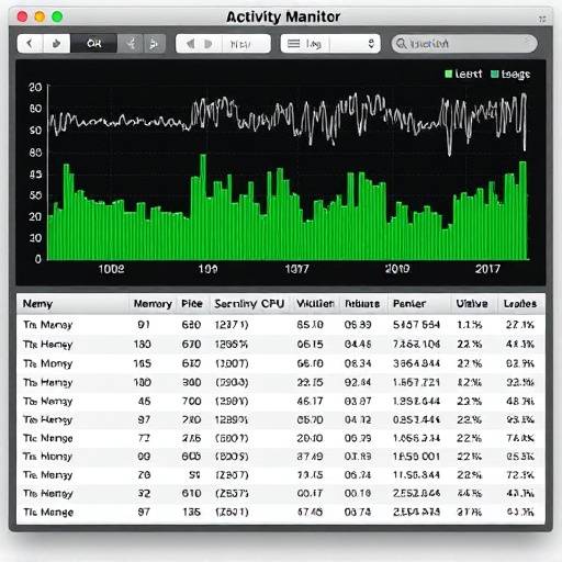 A screenshot of the macOS Activity Monitor showing CPU and memory usage.